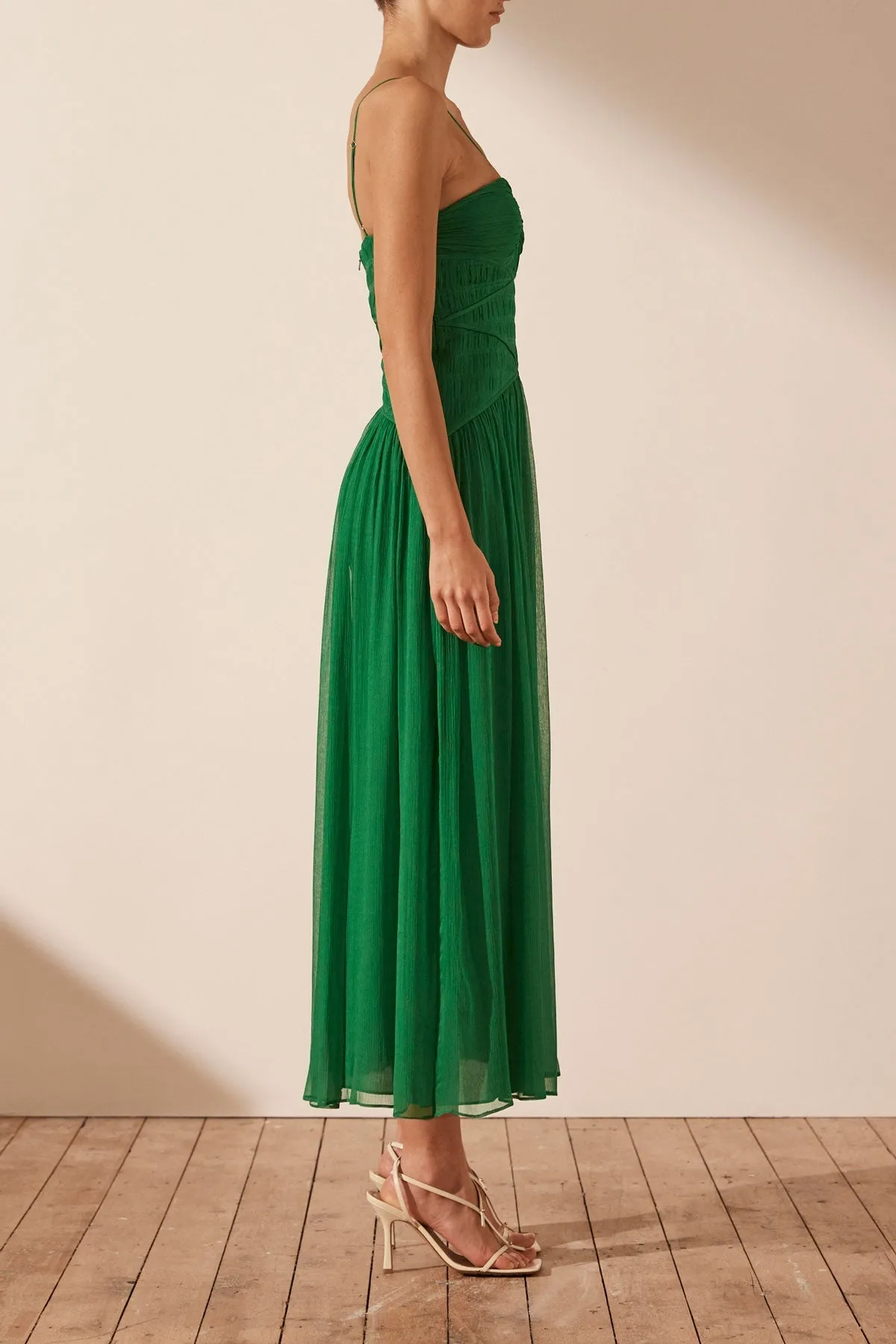 MALINA RUCHED BODICE MIDI DRESS - TREE GREEN