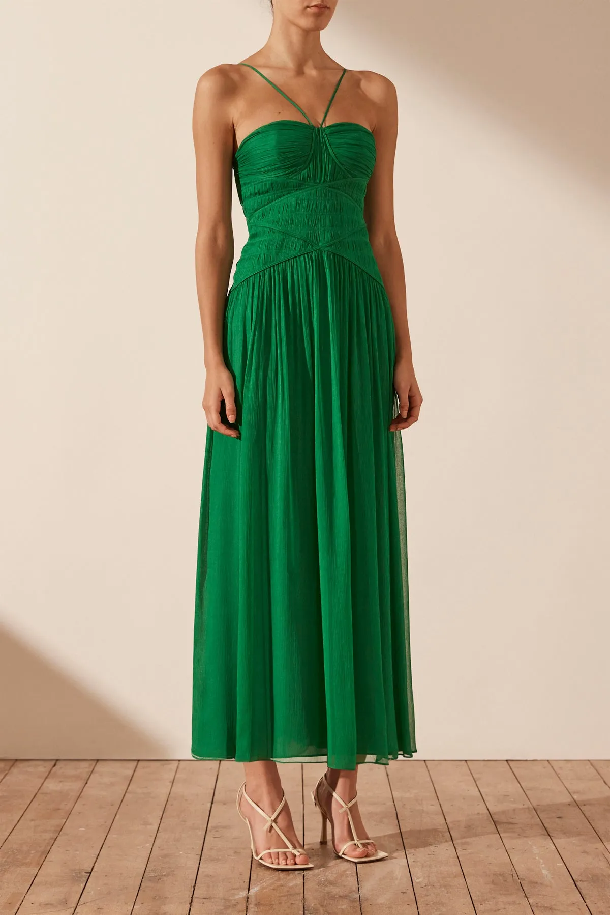 MALINA RUCHED BODICE MIDI DRESS - TREE GREEN