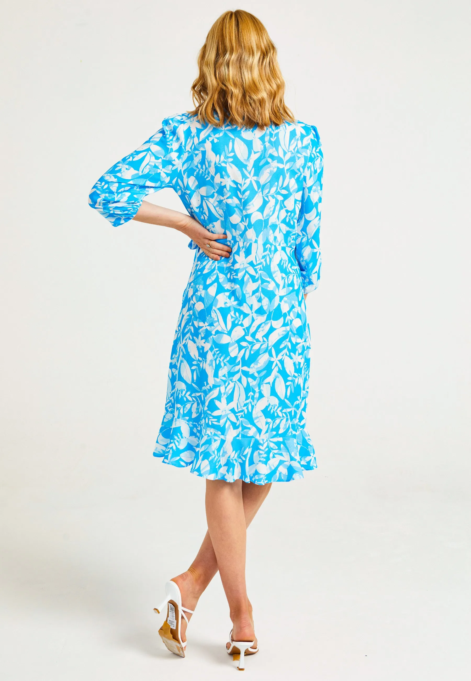 Midi Wrap Dress in Blue Leaf Print