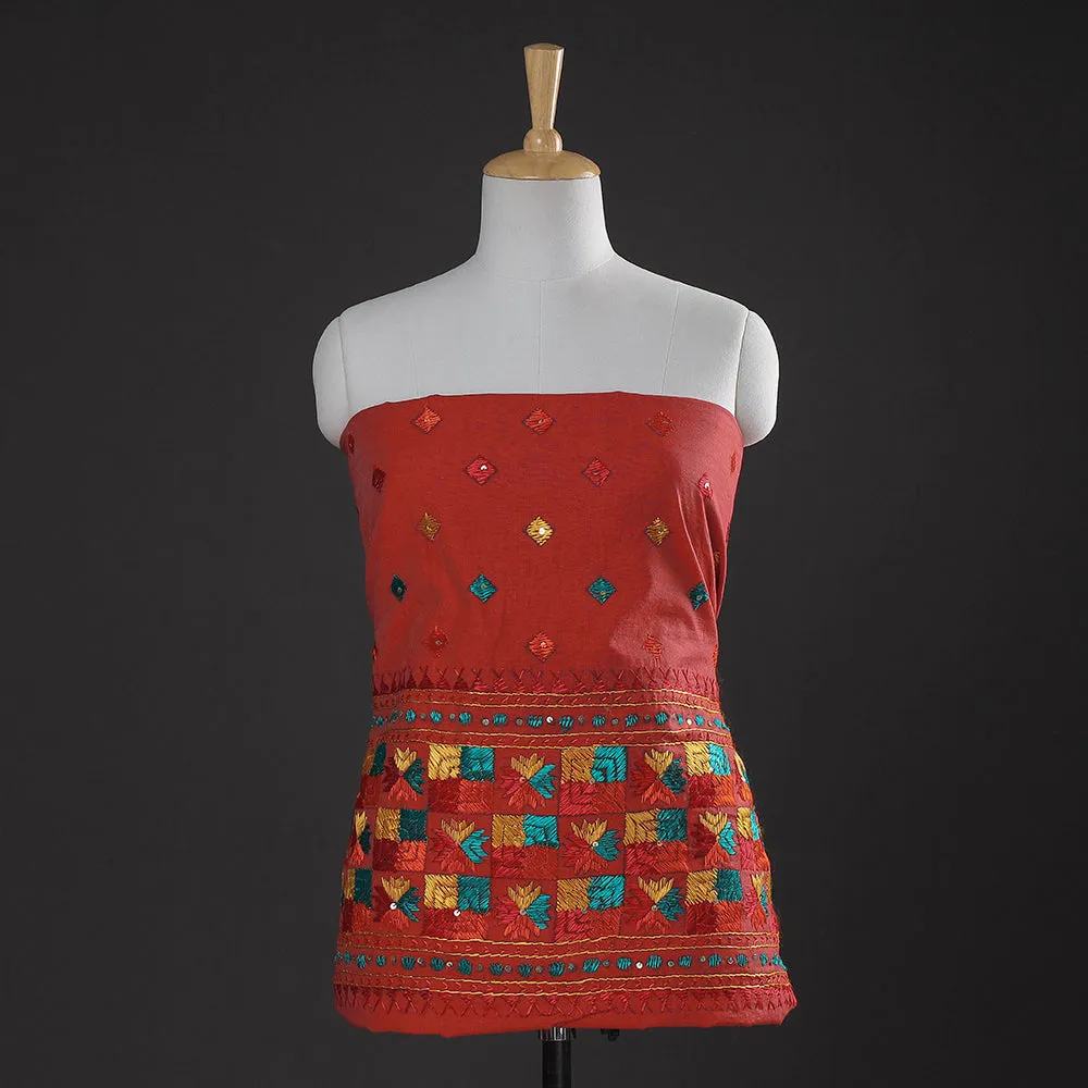 Orange - 3pc Phulkari Embroidery Cotton Suit Material Set