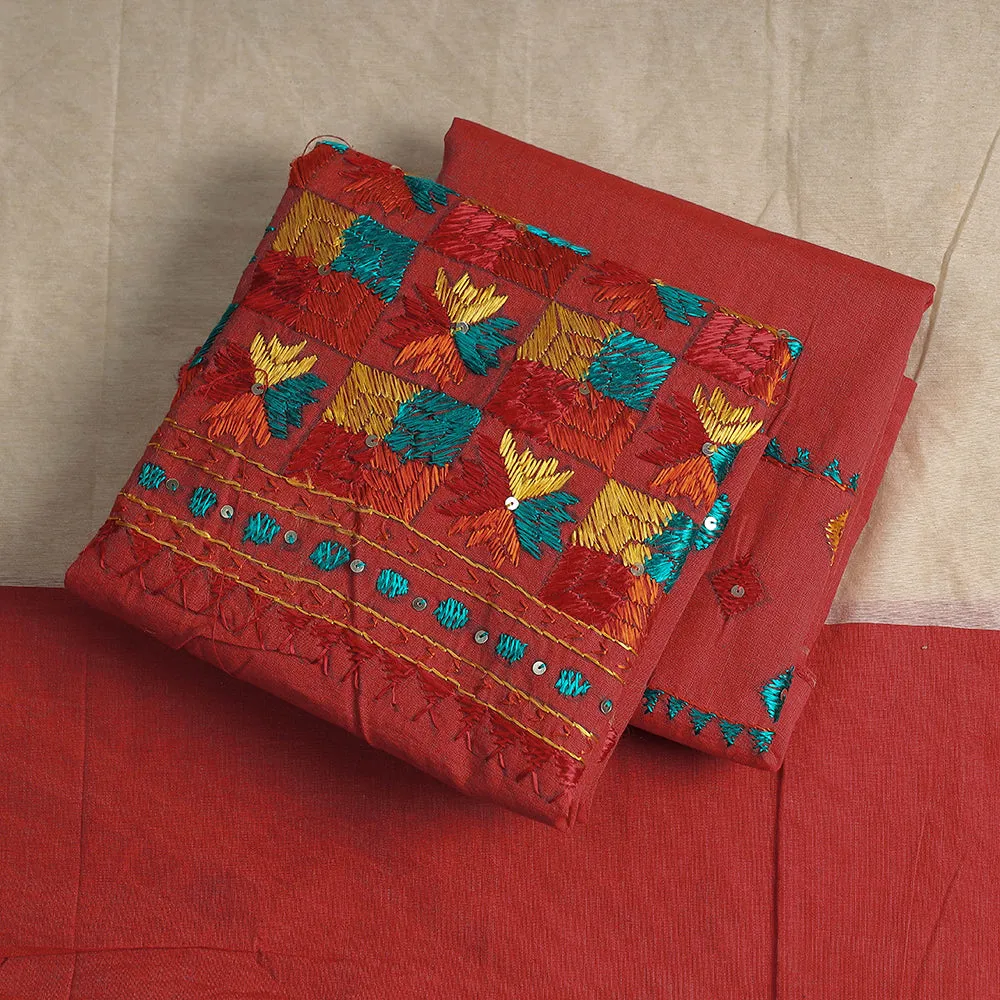 Orange - 3pc Phulkari Embroidery Cotton Suit Material Set
