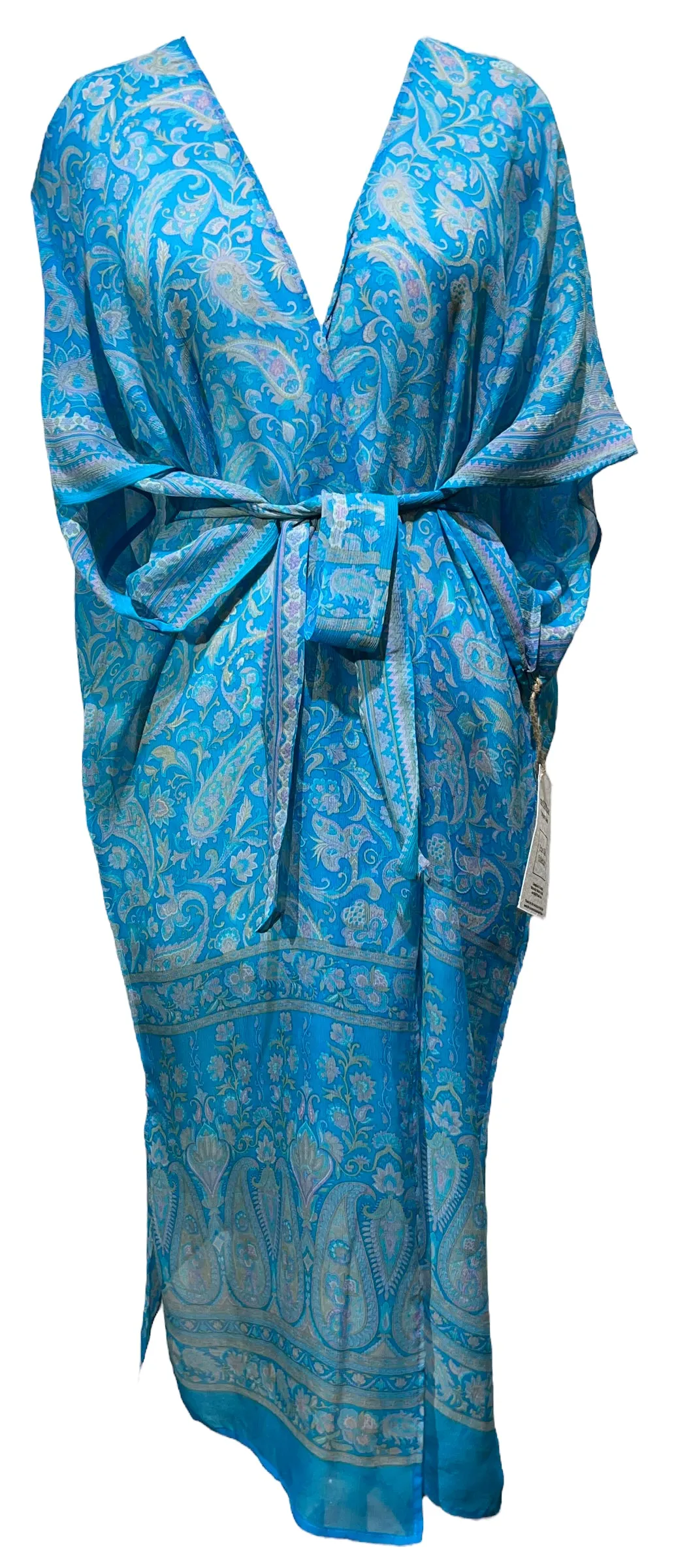 PCH4597 Sheer Pure Chiffon Silk  Avatar Long Pure Silk Kimono Sleeved Duster with Belt