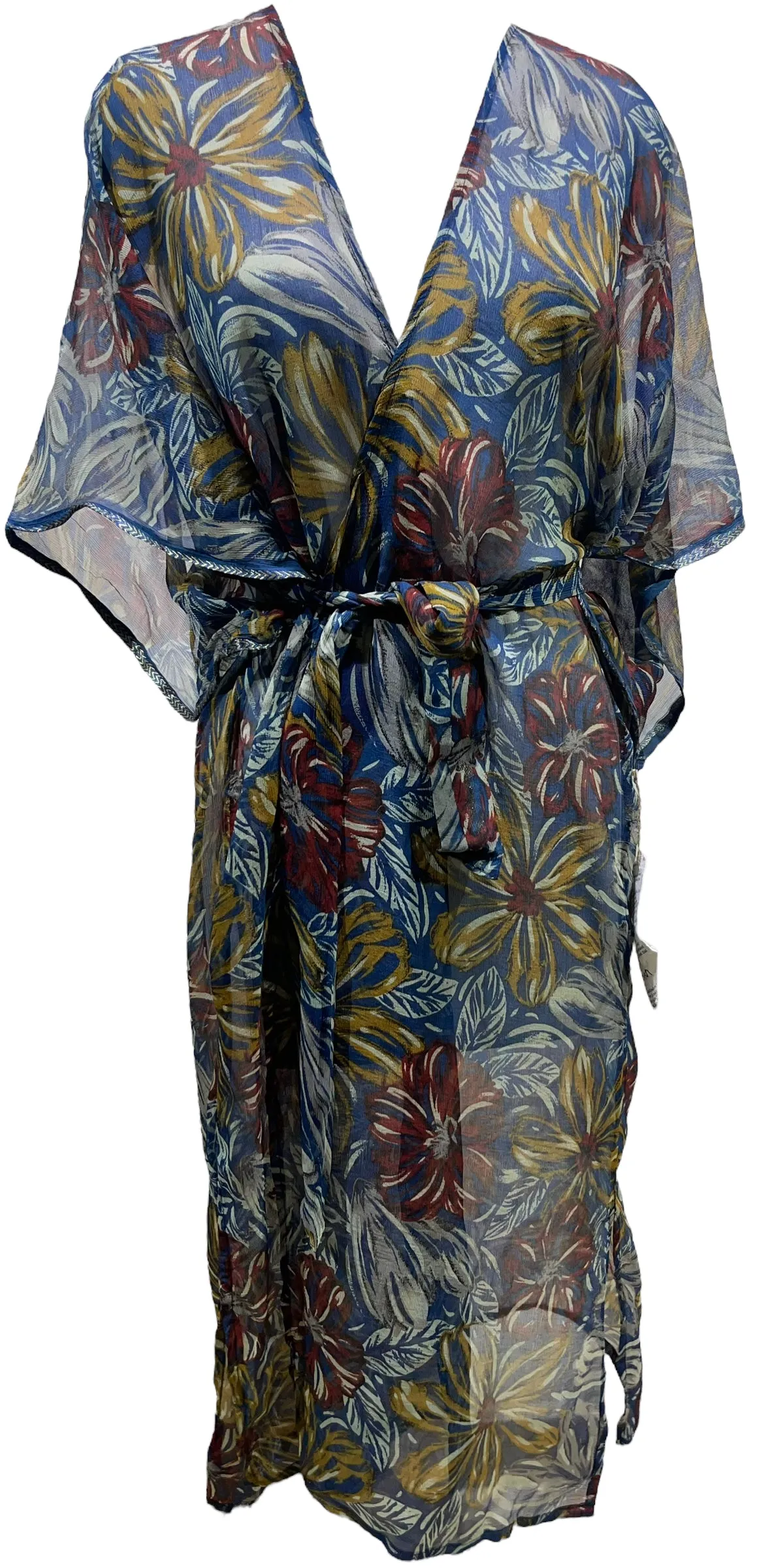 PCH4951 Sheer Wabi Sabi Long Pure Silk Kimono Sleeved Duster with Belt