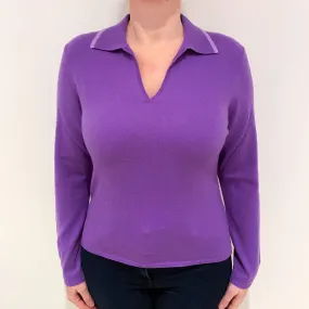 Periwinkle Purple Cashmere Collared V-Neck Jumper Large