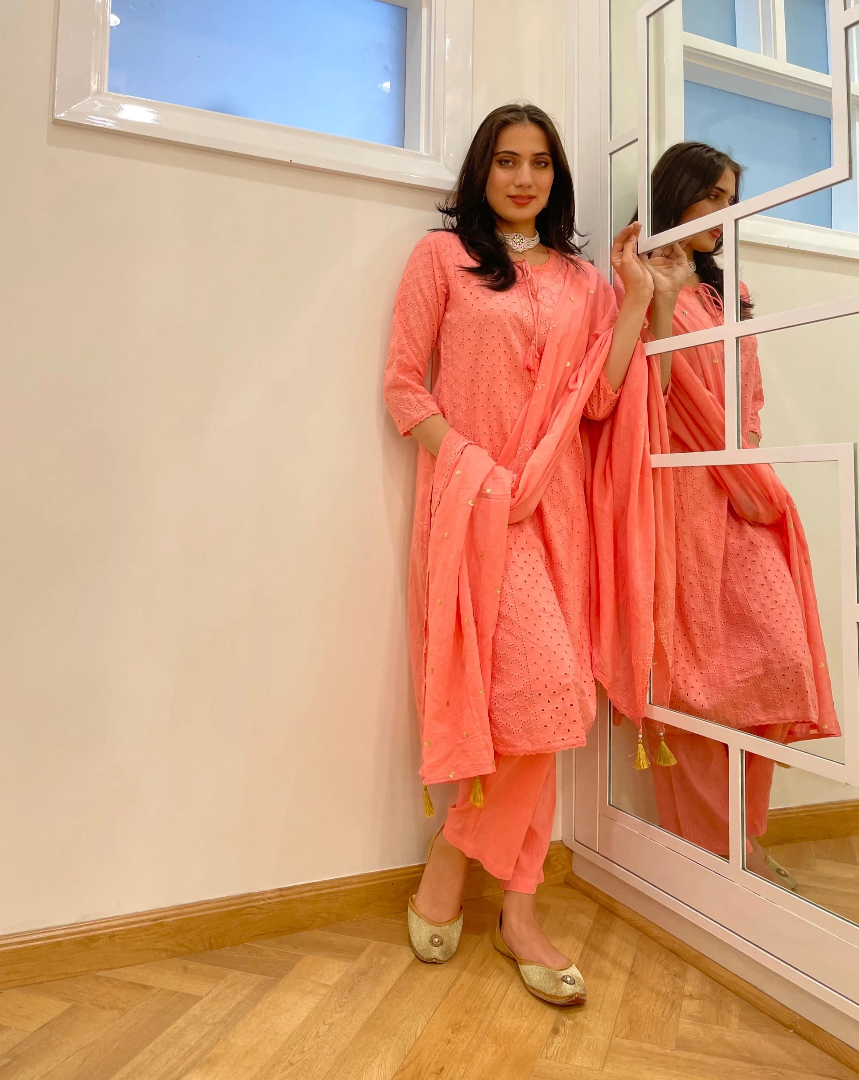 Pink Chikankari Cotton Kurta Suit Set