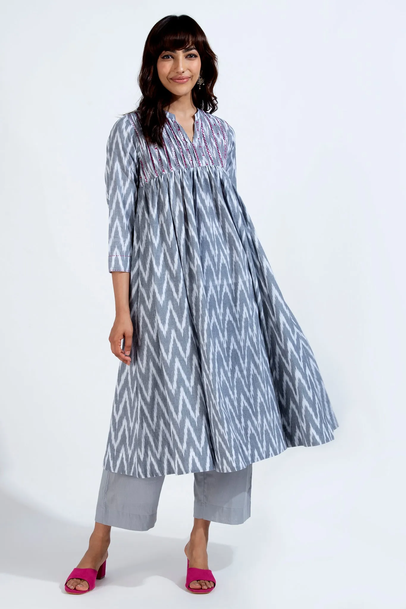 pintuck high bust anarkali - ashen snow & ethereal chevron