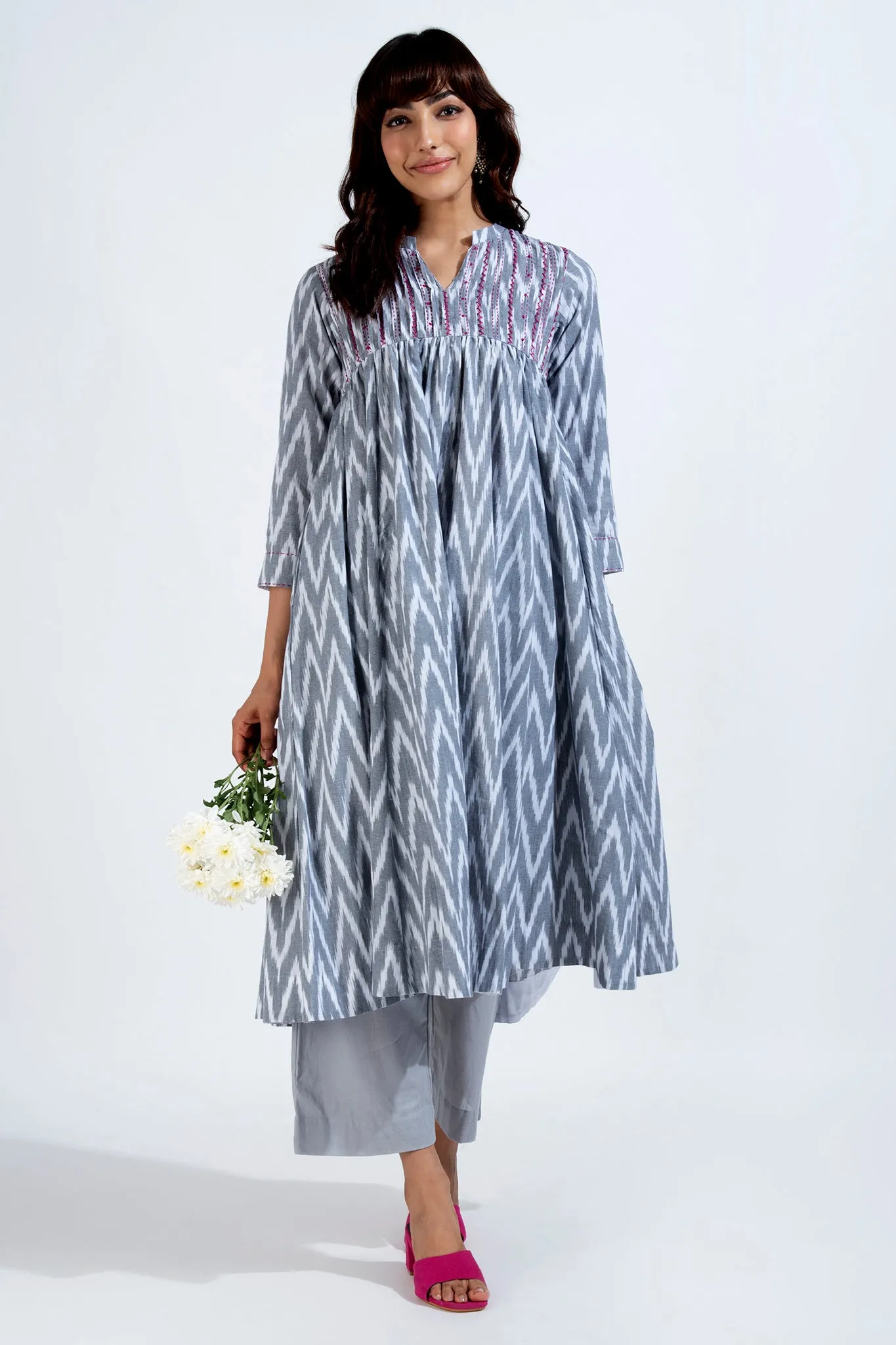 pintuck high bust anarkali - ashen snow & ethereal chevron