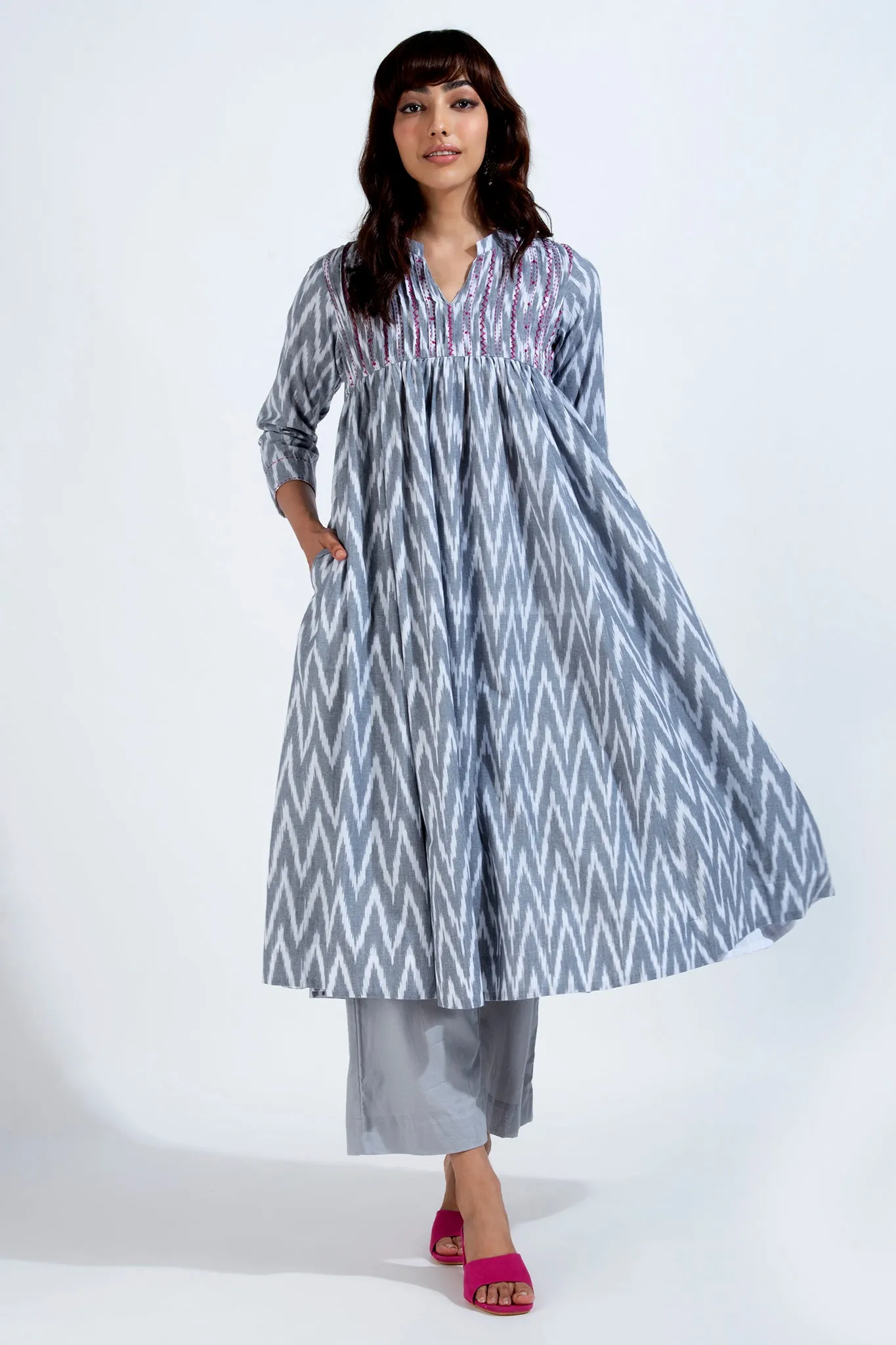 pintuck high bust anarkali - ashen snow & ethereal chevron