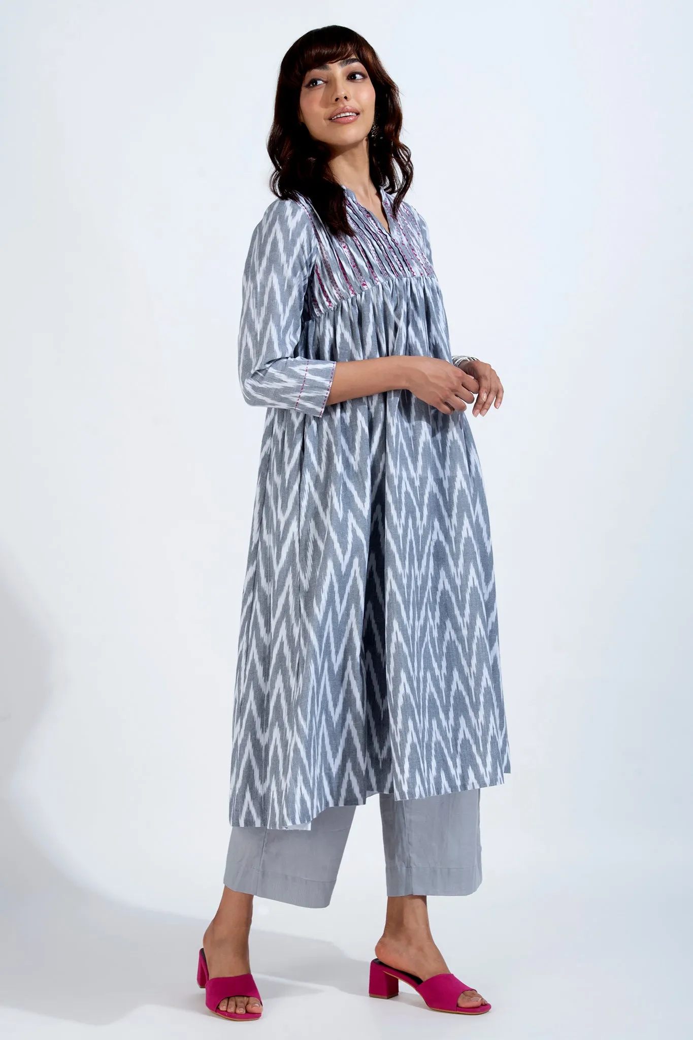 pintuck high bust anarkali - ashen snow & ethereal chevron