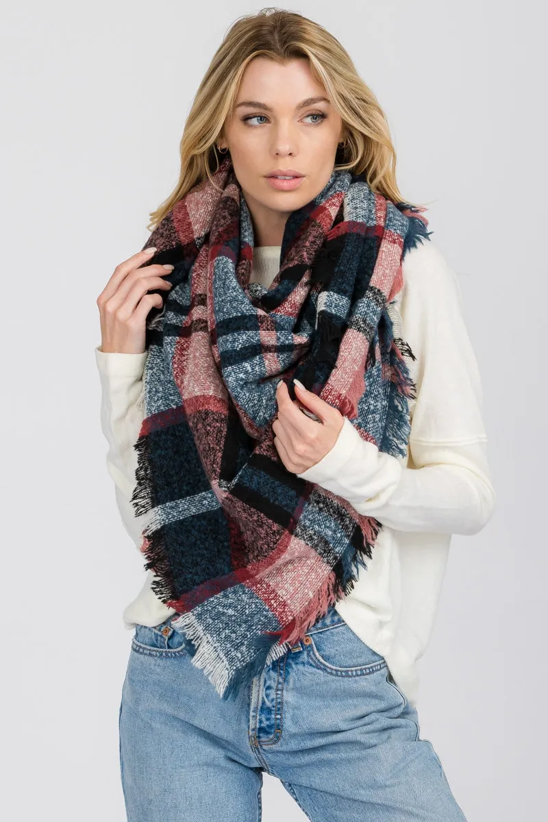 PLAID FRINGED INFINITY SCARF 4 ASSORTED COLORS/12PCS