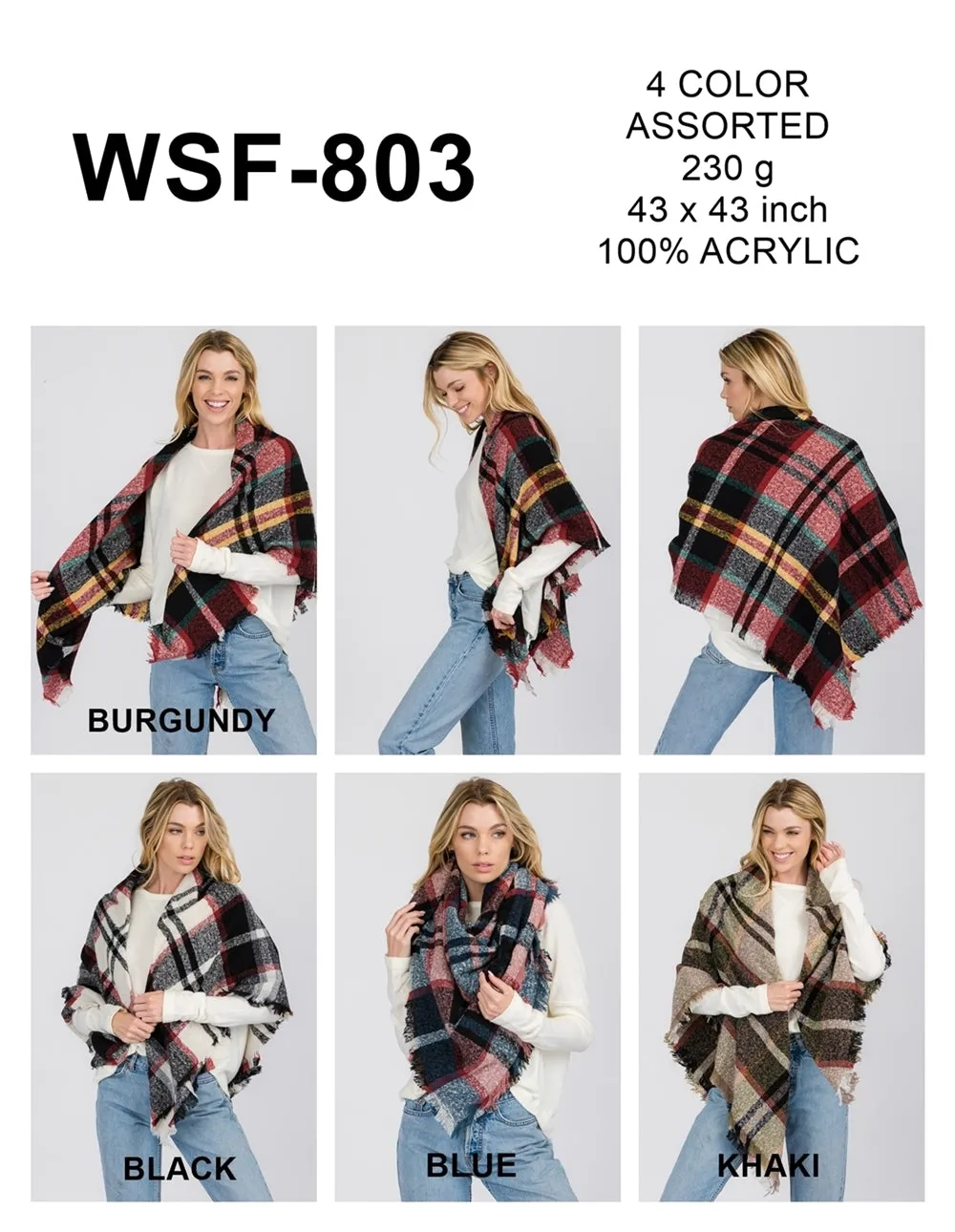 PLAID FRINGED INFINITY SCARF 4 ASSORTED COLORS/12PCS