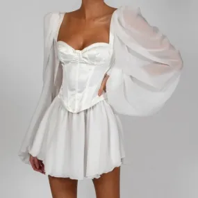 Purpdrank - Women Bodycon Dress Female Lantern Sleeve Y2K Corset Chiffon Dresses Beach Vacation Outfit Sexy Party Mini White Dress Summer
