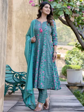 Sea Green Three Quarter Regular Sleeves Cotton Anarkali Kurta Dupatta Set
