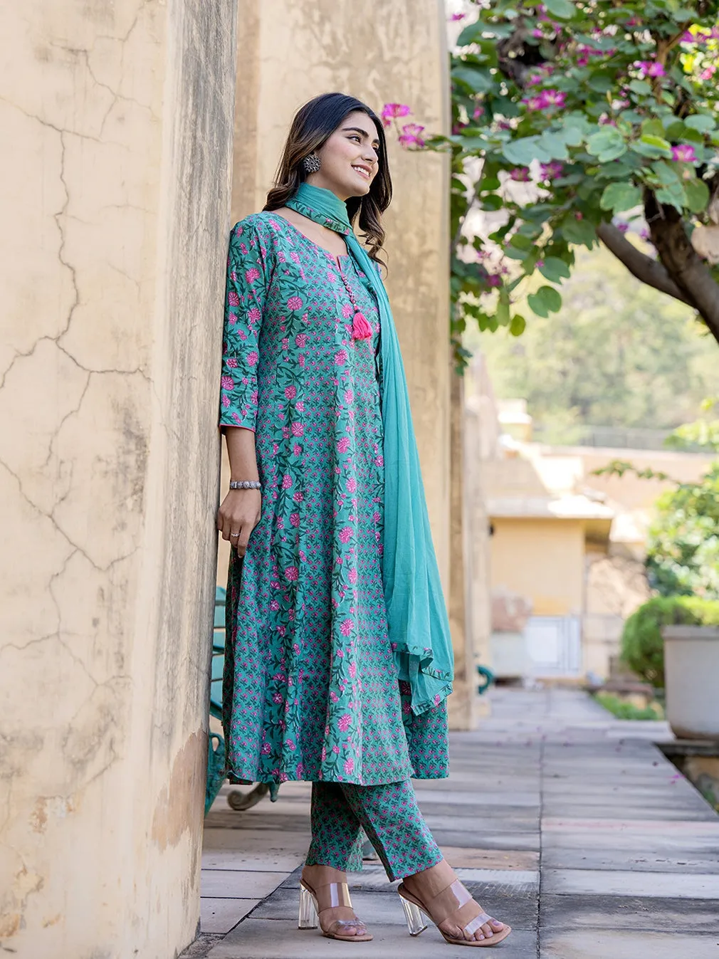 Sea Green Three Quarter Regular Sleeves Cotton Anarkali Kurta Dupatta Set