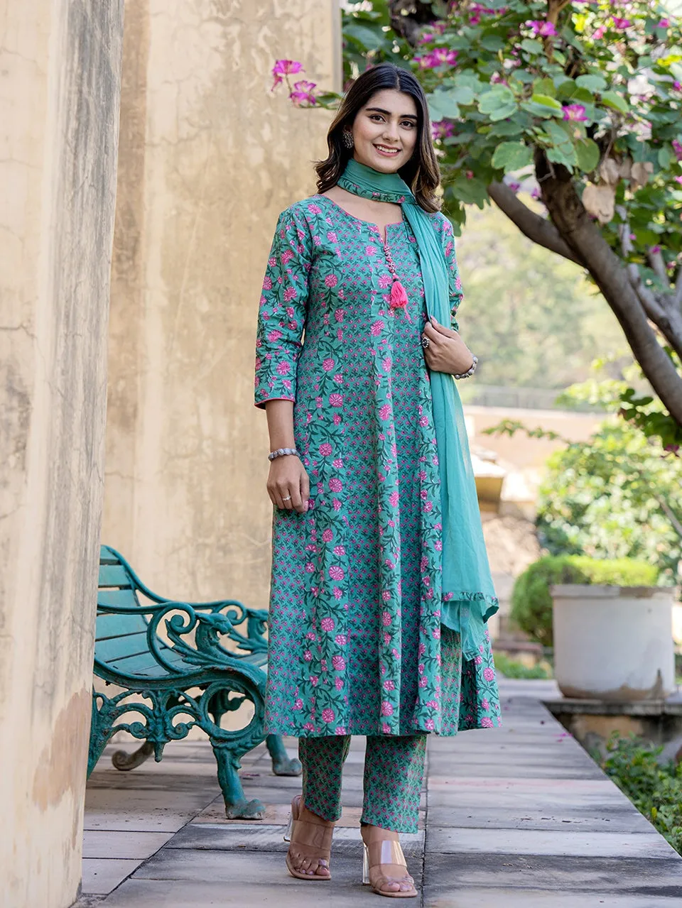 Sea Green Three Quarter Regular Sleeves Cotton Anarkali Kurta Dupatta Set