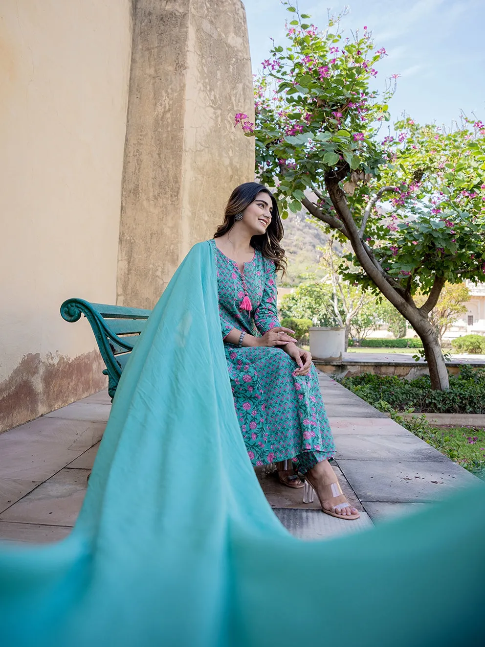 Sea Green Three Quarter Regular Sleeves Cotton Anarkali Kurta Dupatta Set