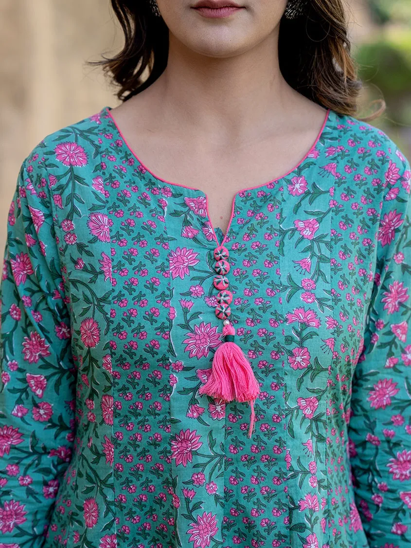 Sea Green Three Quarter Regular Sleeves Cotton Anarkali Kurta Dupatta Set