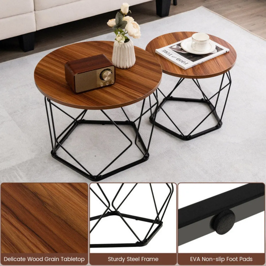 Set of 2 Modern Round Coffee Table with Pentagonal Steel Base