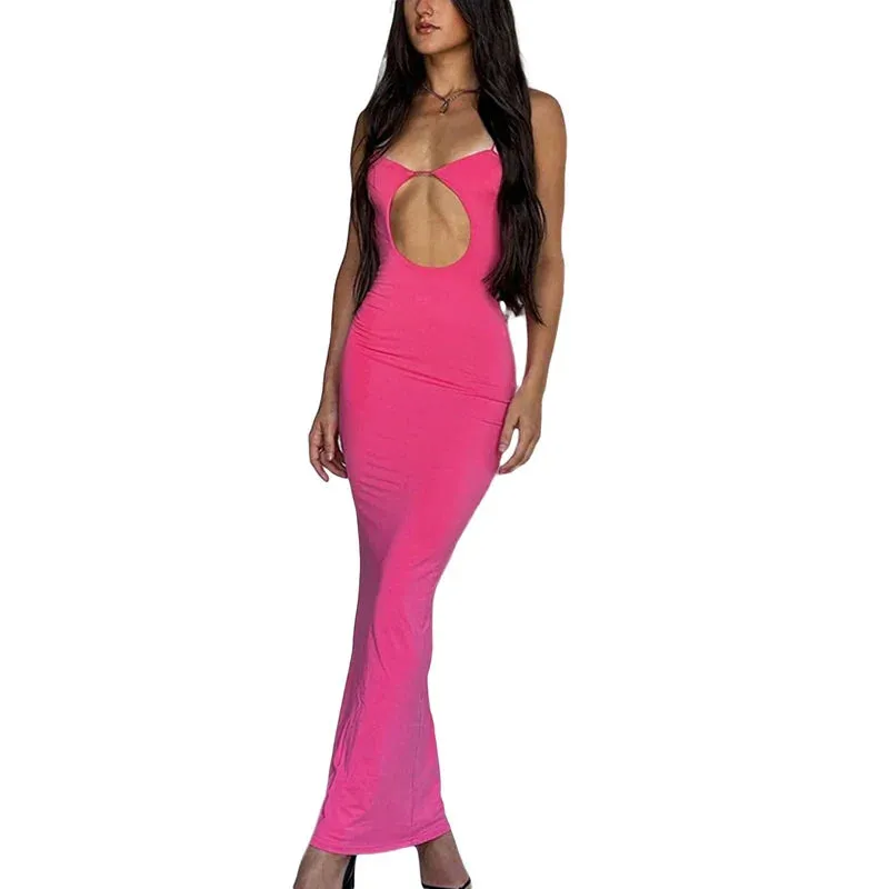 Sexy Hollow Out Bodycon Long Spaghetti Strap Backless Cut Out Night Casual Women Dress
