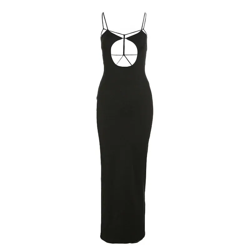 Sexy Hollow Out Bodycon Long Spaghetti Strap Backless Cut Out Night Casual Women Dress