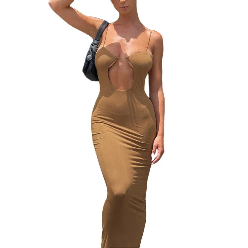 Sexy Hollow Out Bodycon Long Spaghetti Strap Backless Cut Out Night Casual Women Dress