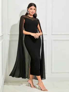 SHEIN Modely Contrast Lace Cloak Sleeve Split Back Dress