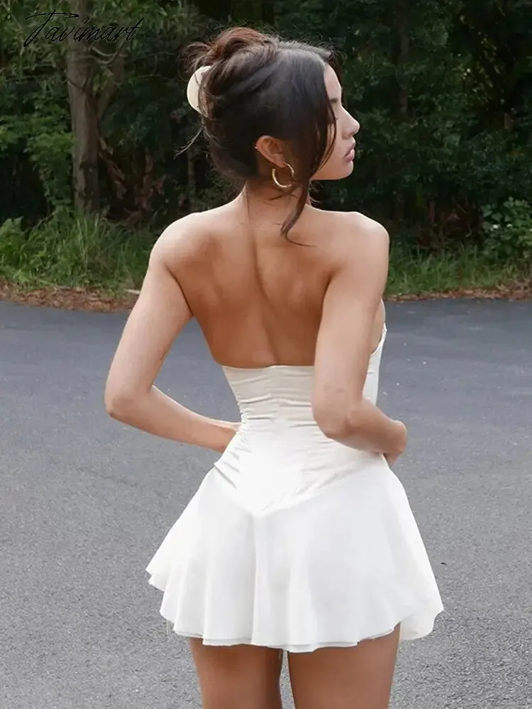 Tavimart  White Chiffon Strapless Backless Sexy Dress Women Bandage Bodycon Mini Summer Dress Elegant Casual Dresses Vestidos