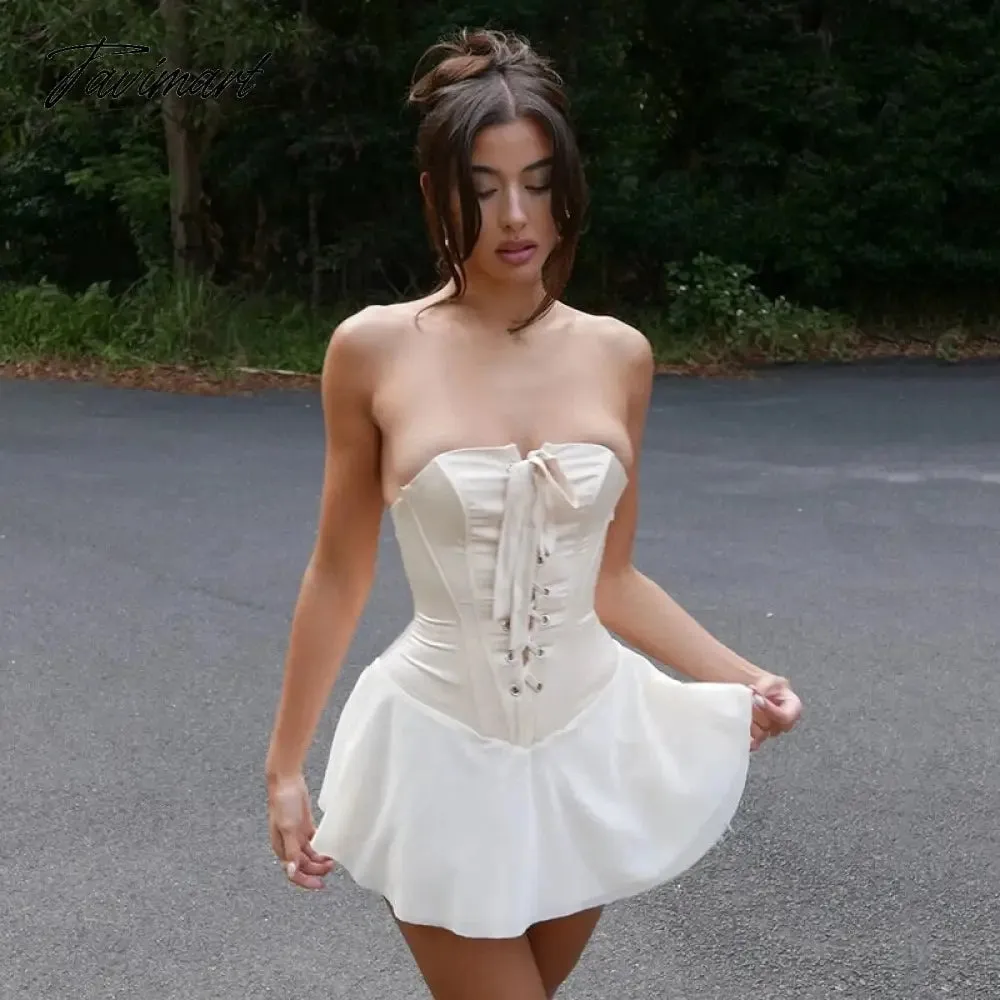 Tavimart  White Chiffon Strapless Backless Sexy Dress Women Bandage Bodycon Mini Summer Dress Elegant Casual Dresses Vestidos