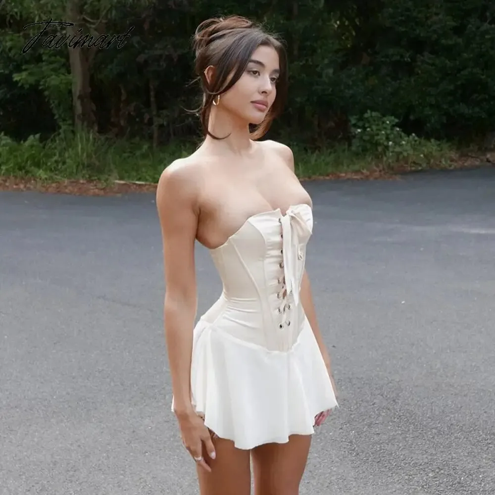 Tavimart  White Chiffon Strapless Backless Sexy Dress Women Bandage Bodycon Mini Summer Dress Elegant Casual Dresses Vestidos