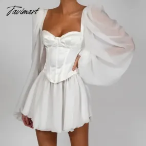 Tavimart Women Bodycon Dress Female Lantern Sleeve Y2K Corset Chiffon Dresses Beach Vacation Outfit Sexy Party Mini White Dress Summer