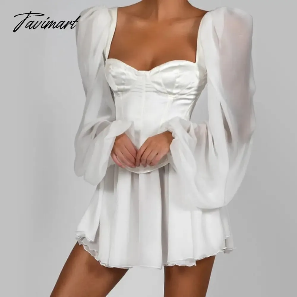 Tavimart Women Bodycon Dress Female Lantern Sleeve Y2K Corset Chiffon Dresses Beach Vacation Outfit Sexy Party Mini White Dress Summer