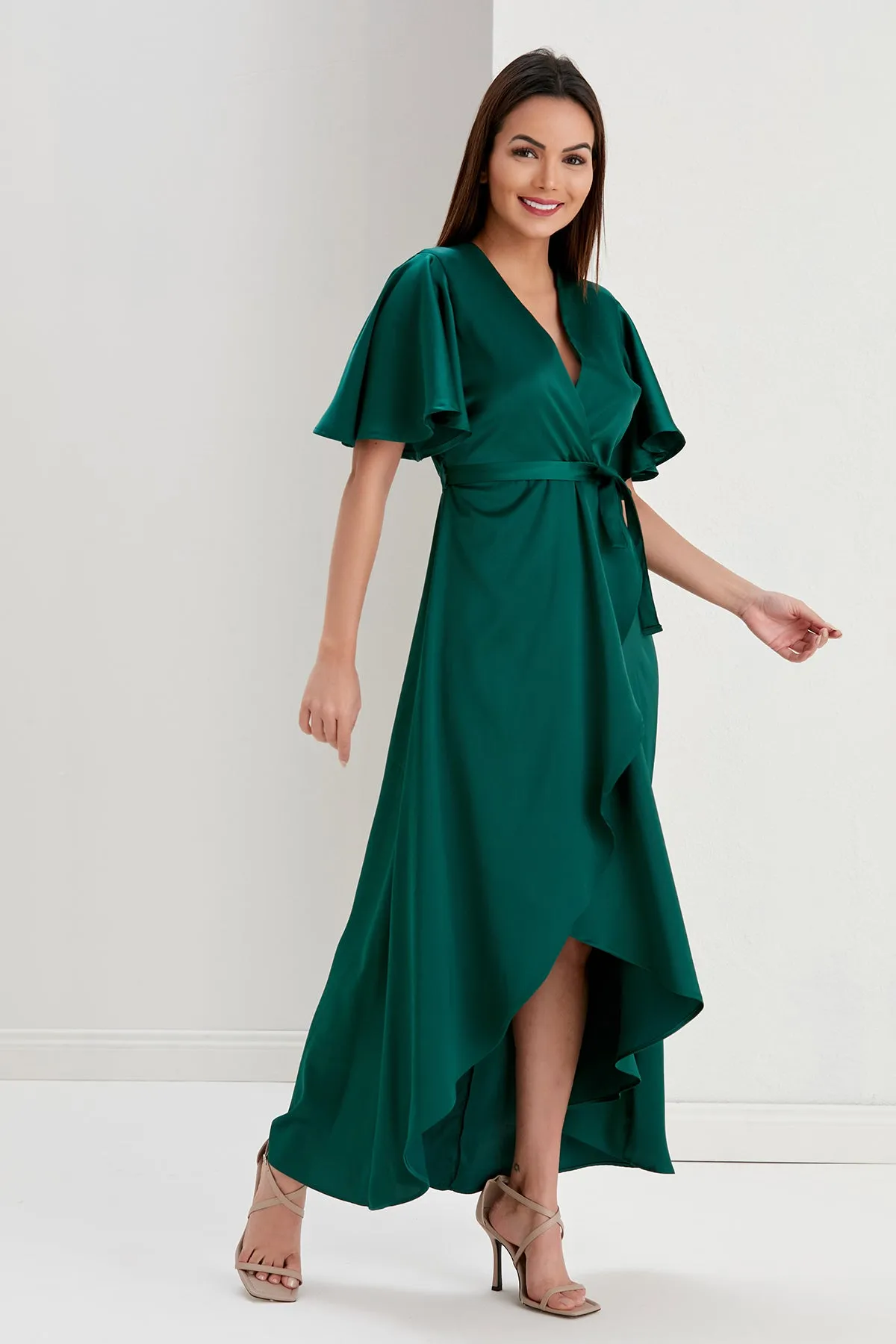 Tessa Satin Wrap Midi Dress in Emerald Green