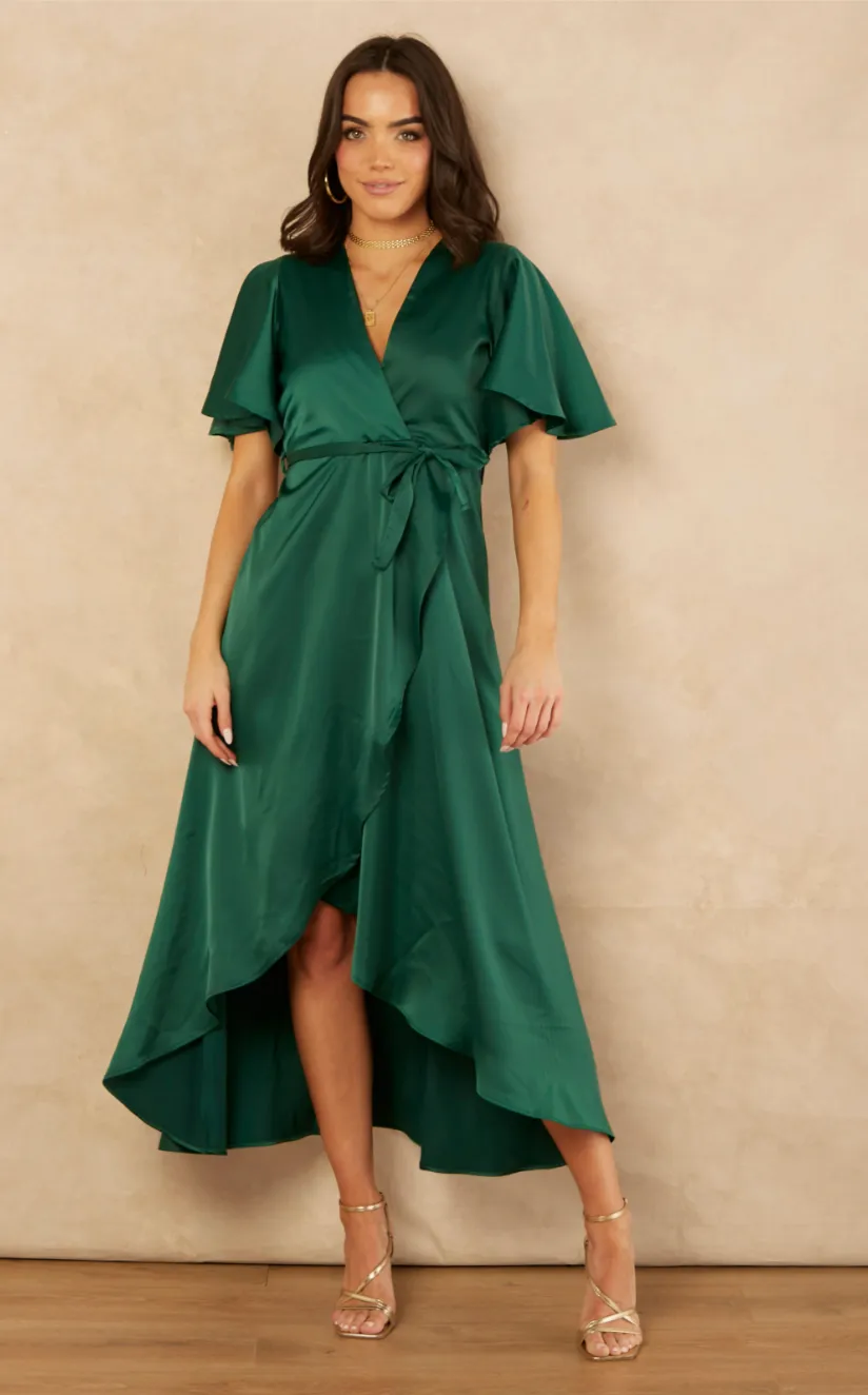 Tessa Satin Wrap Midi Dress in Emerald Green