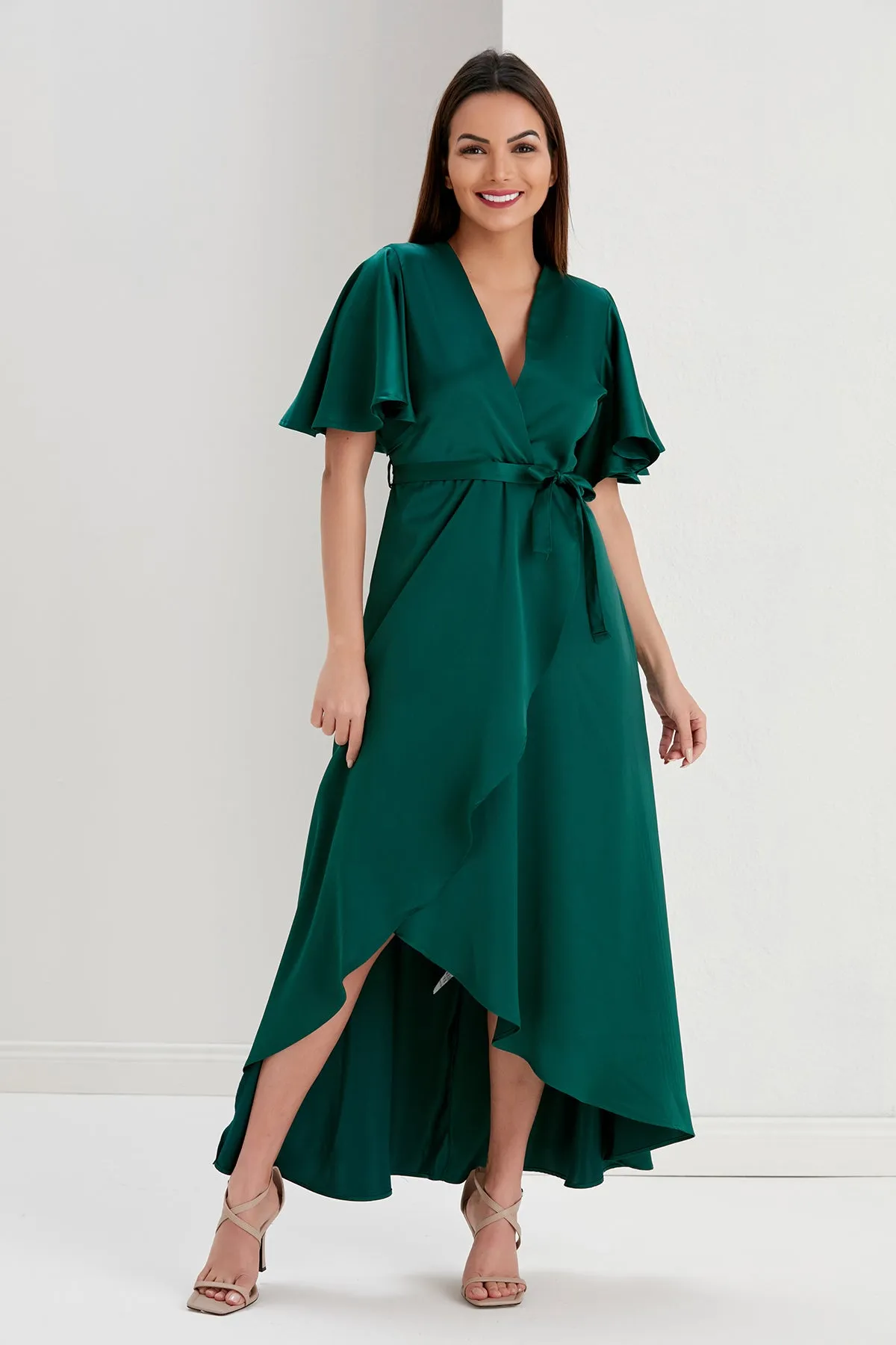 Tessa Satin Wrap Midi Dress in Emerald Green