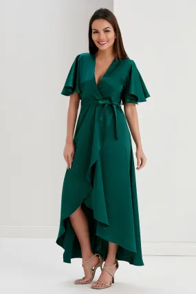 Tessa Satin Wrap Midi Dress in Emerald Green