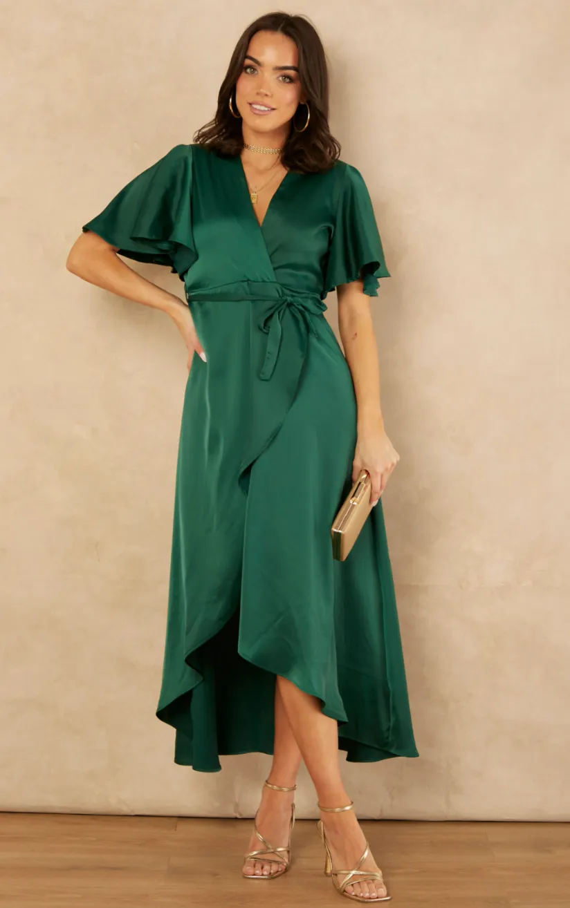 Tessa Satin Wrap Midi Dress in Emerald Green