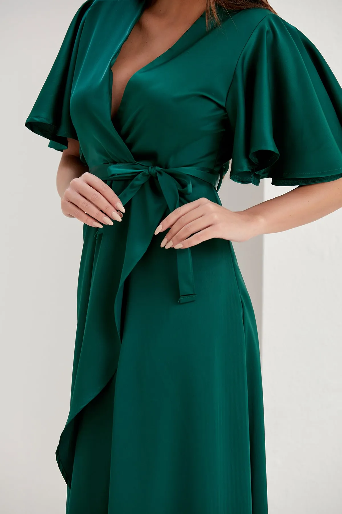 Tessa Satin Wrap Midi Dress in Emerald Green
