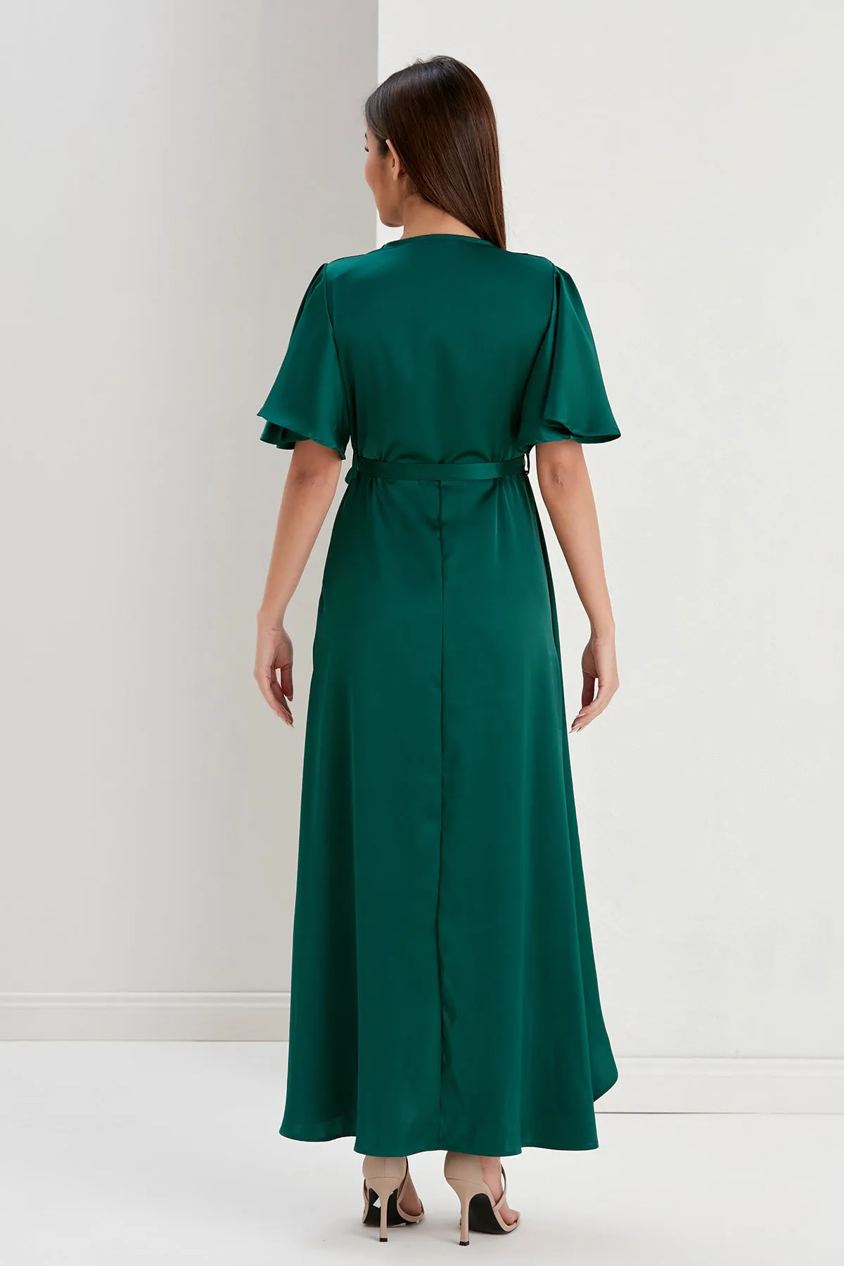Tessa Satin Wrap Midi Dress in Emerald Green