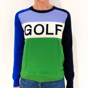 Tory Burch Blue, Green and Block ‘Golf’ Logo Cashmere Crew Neck Jumper Small