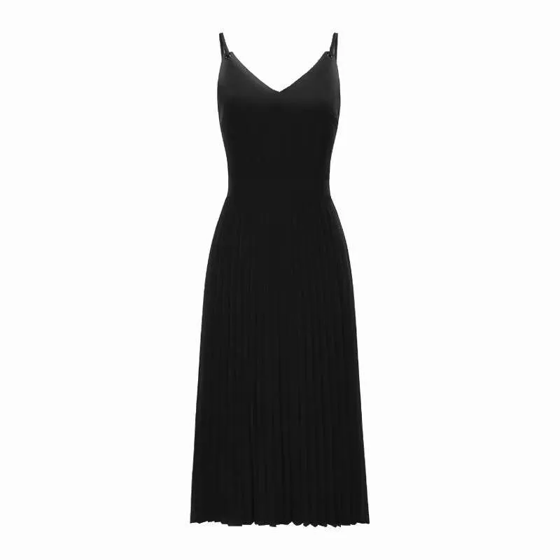Wenkouban Summer Strap Pleated Dress Women Vintage Sexy V-Neck Backless Midi Dress Elegant Franch Bodycon A-Line High Waist Party Vestidos
