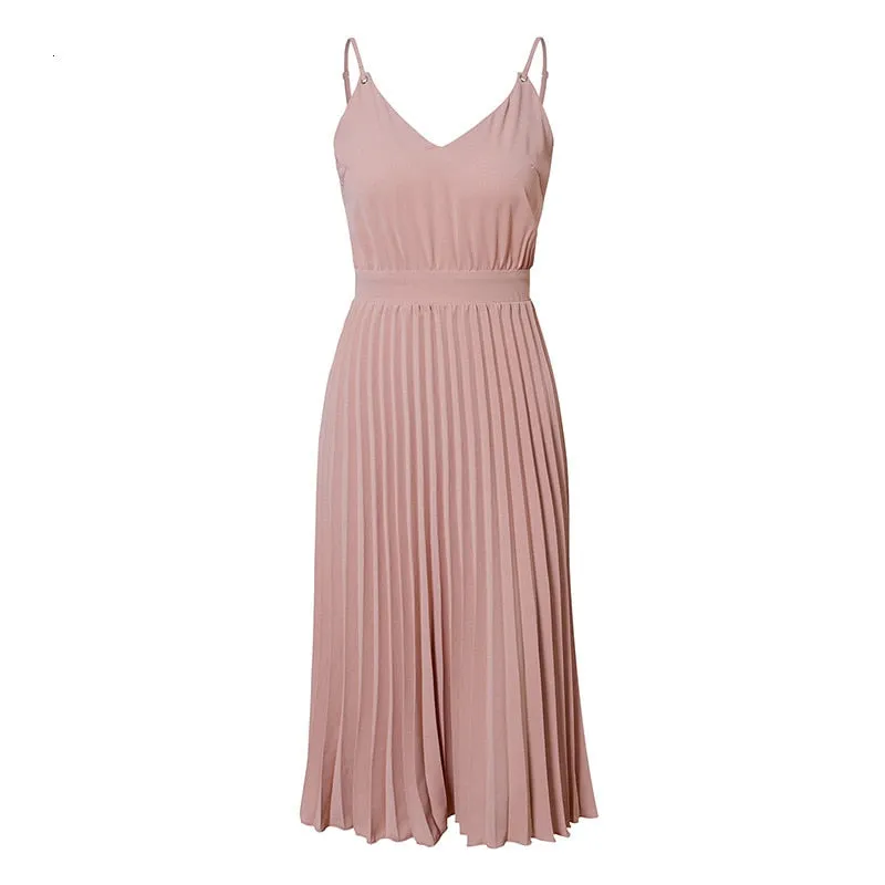 Wenkouban Summer Strap Pleated Dress Women Vintage Sexy V-Neck Backless Midi Dress Elegant Franch Bodycon A-Line High Waist Party Vestidos