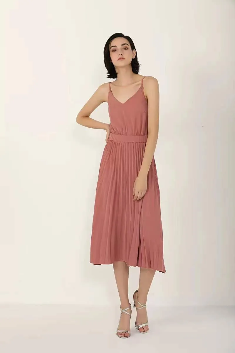 Wenkouban Summer Strap Pleated Dress Women Vintage Sexy V-Neck Backless Midi Dress Elegant Franch Bodycon A-Line High Waist Party Vestidos