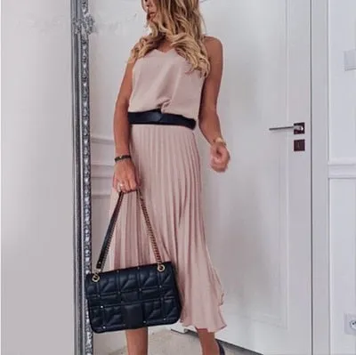 Wenkouban Summer Strap Pleated Dress Women Vintage Sexy V-Neck Backless Midi Dress Elegant Franch Bodycon A-Line High Waist Party Vestidos
