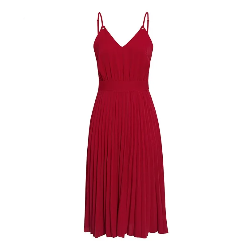 Wenkouban Summer Strap Pleated Dress Women Vintage Sexy V-Neck Backless Midi Dress Elegant Franch Bodycon A-Line High Waist Party Vestidos