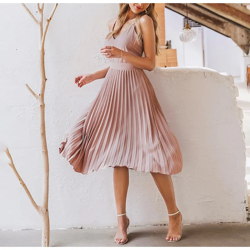 Wenkouban Summer Strap Pleated Dress Women Vintage Sexy V-Neck Backless Midi Dress Elegant Franch Bodycon A-Line High Waist Party Vestidos