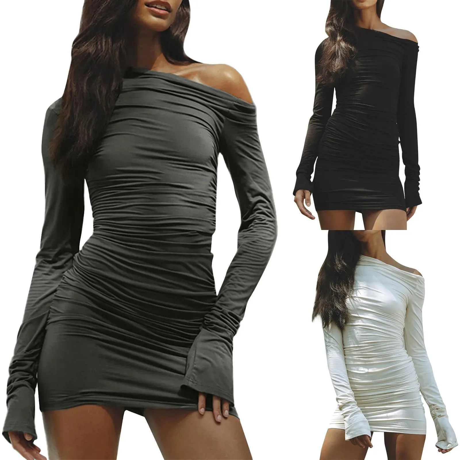 Women's High Waist Bodycon Mini Dress with Pleated Long Sleeves