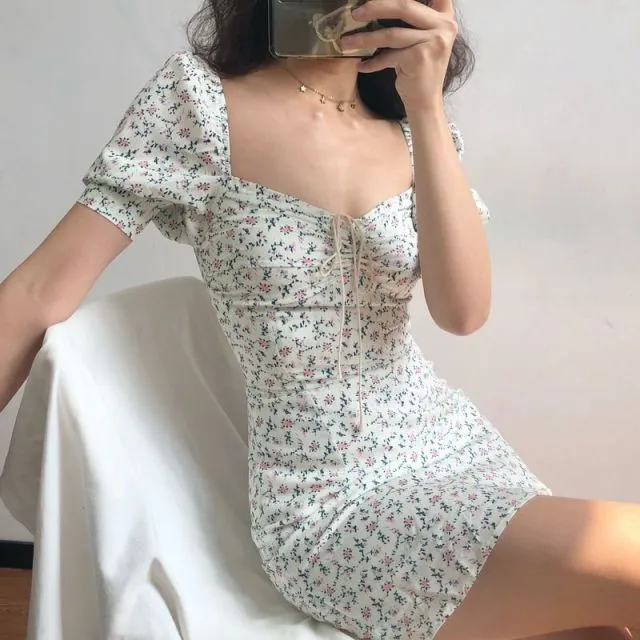 Yeknu Dress Women Elegant Simple Sexy Chiffon Bodycon Femme Birthday Wear Lovely Puff Sleeve High Waist Trendy Summer Holiday Sundress